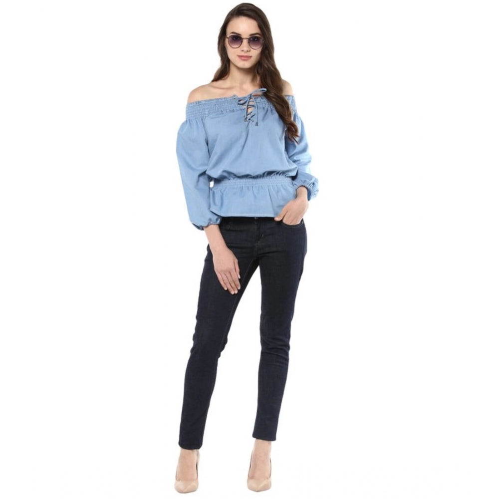 PKRKART Women's Denim Solid 3-4th Sleeves Regular Top (Blue)