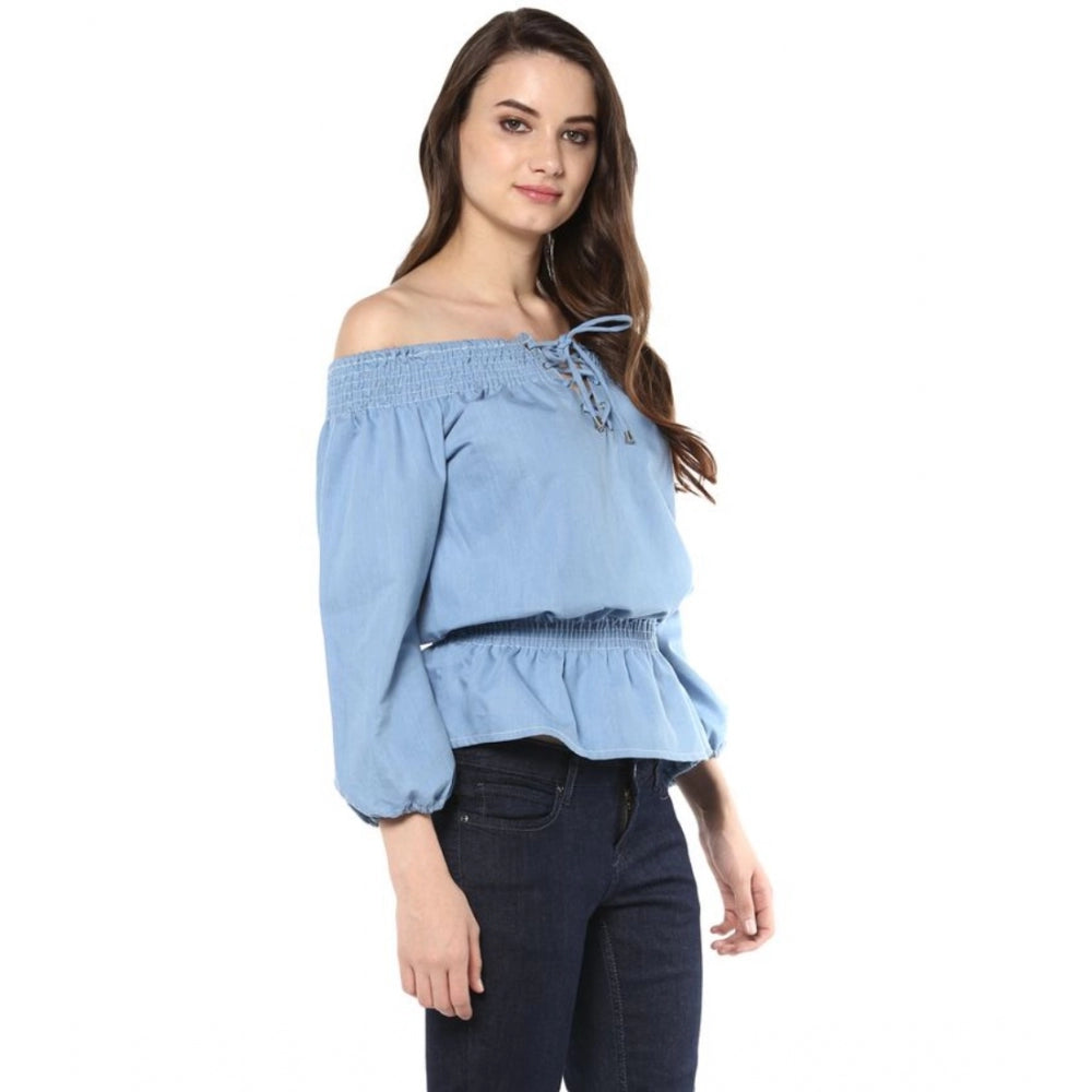 PKRKART Women's Denim Solid 3-4th Sleeves Regular Top (Blue)