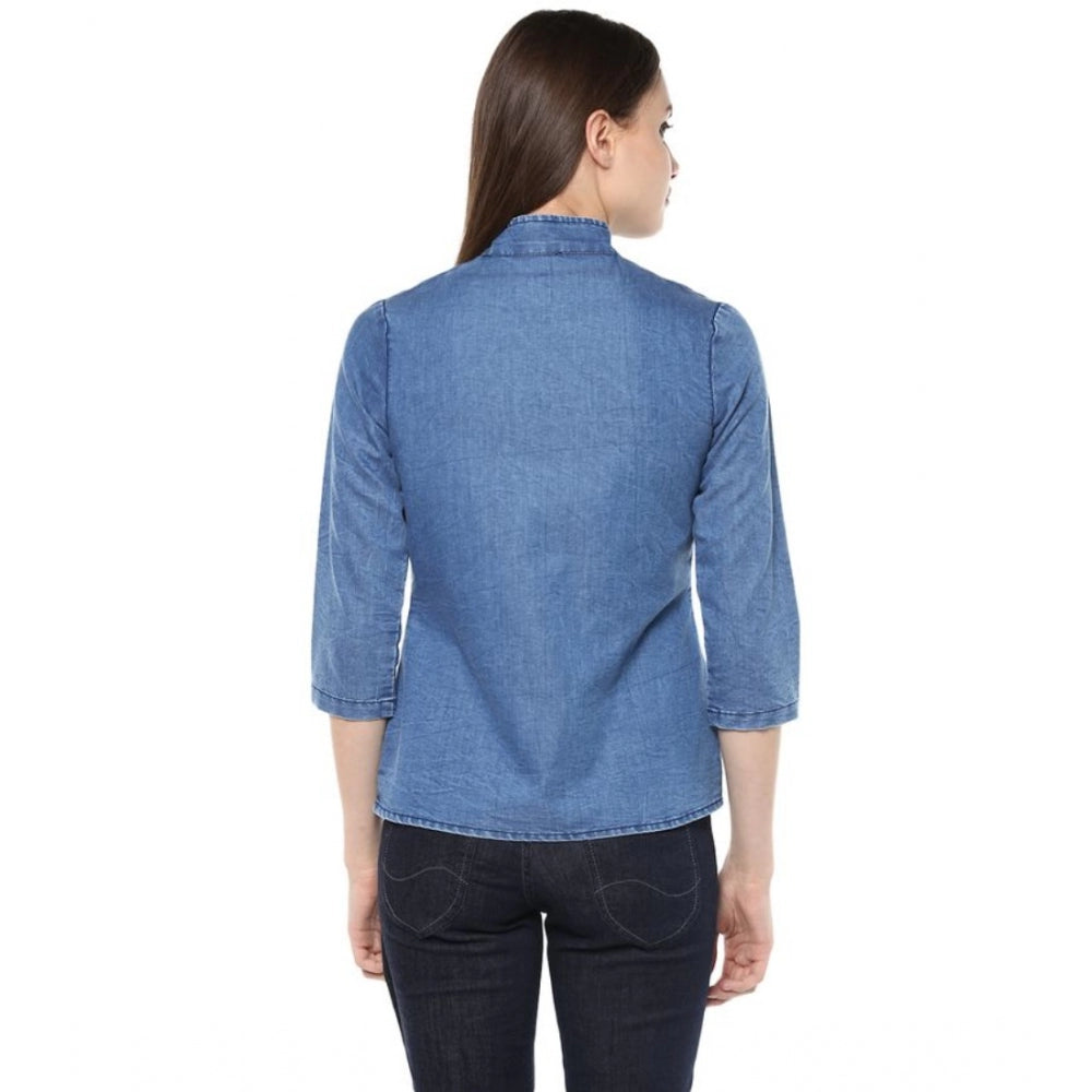 PKRKART Women's Denim Solid 3-4th Sleeves Regular Top (Blue)