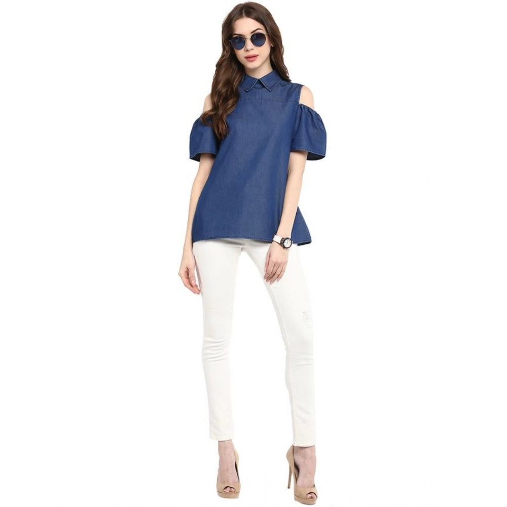 PKRKART Women's Denim Solid Cold Shoulder Regular Top (Blue)