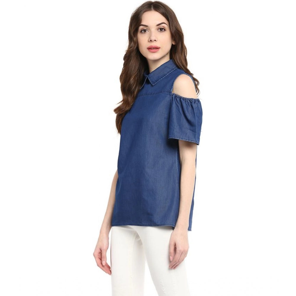 PKRKART Women's Denim Solid Cold Shoulder Regular Top (Blue)
