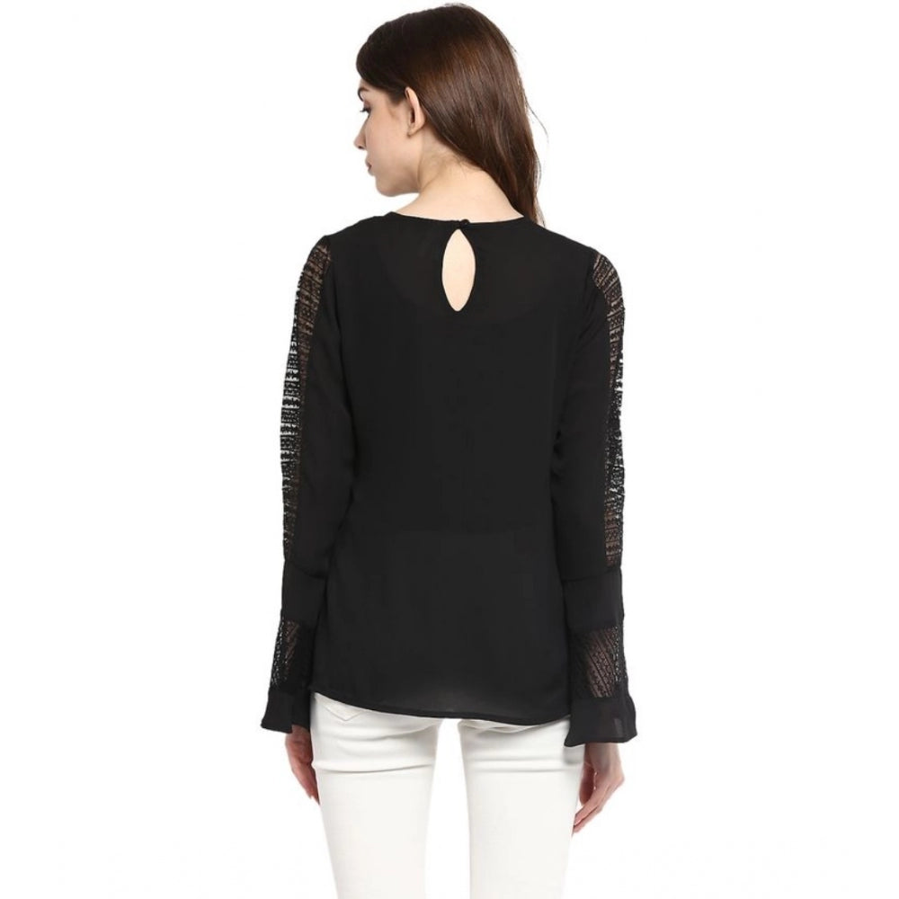 PKRKART Women's Polyester Georgette Self Design Bell Sleeve Regular Top (Black)