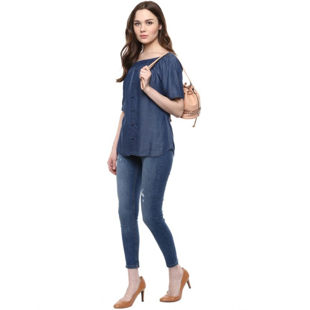 PKRKART Women's Denim Solid Short Sleeve Regular Top (Blue)