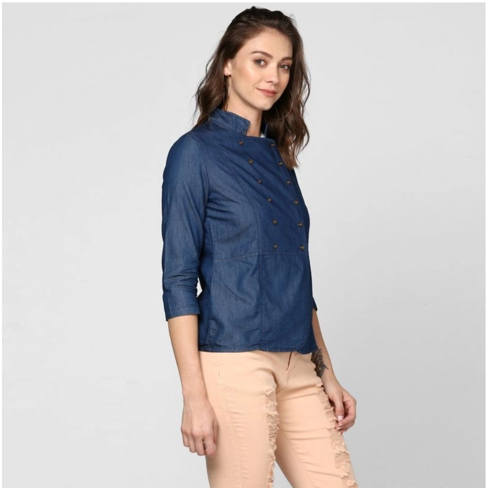 PKRKART Women's Denim Solid 3-4th Sleeves Top (Blue)