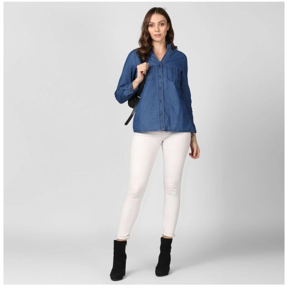 PKRKART Women's Denim Solid Long Sleeves Top (Blue)