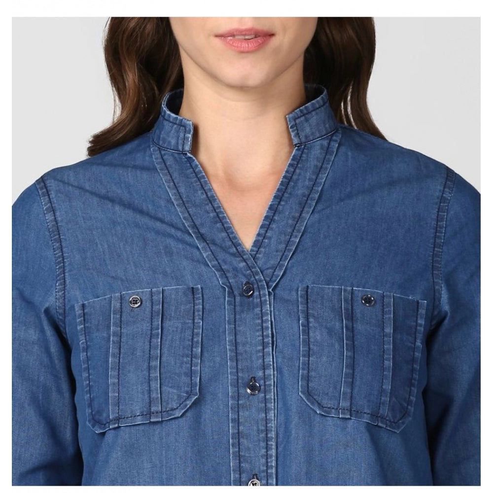 PKRKART Women's Denim Solid Long Sleeves Top (Blue)