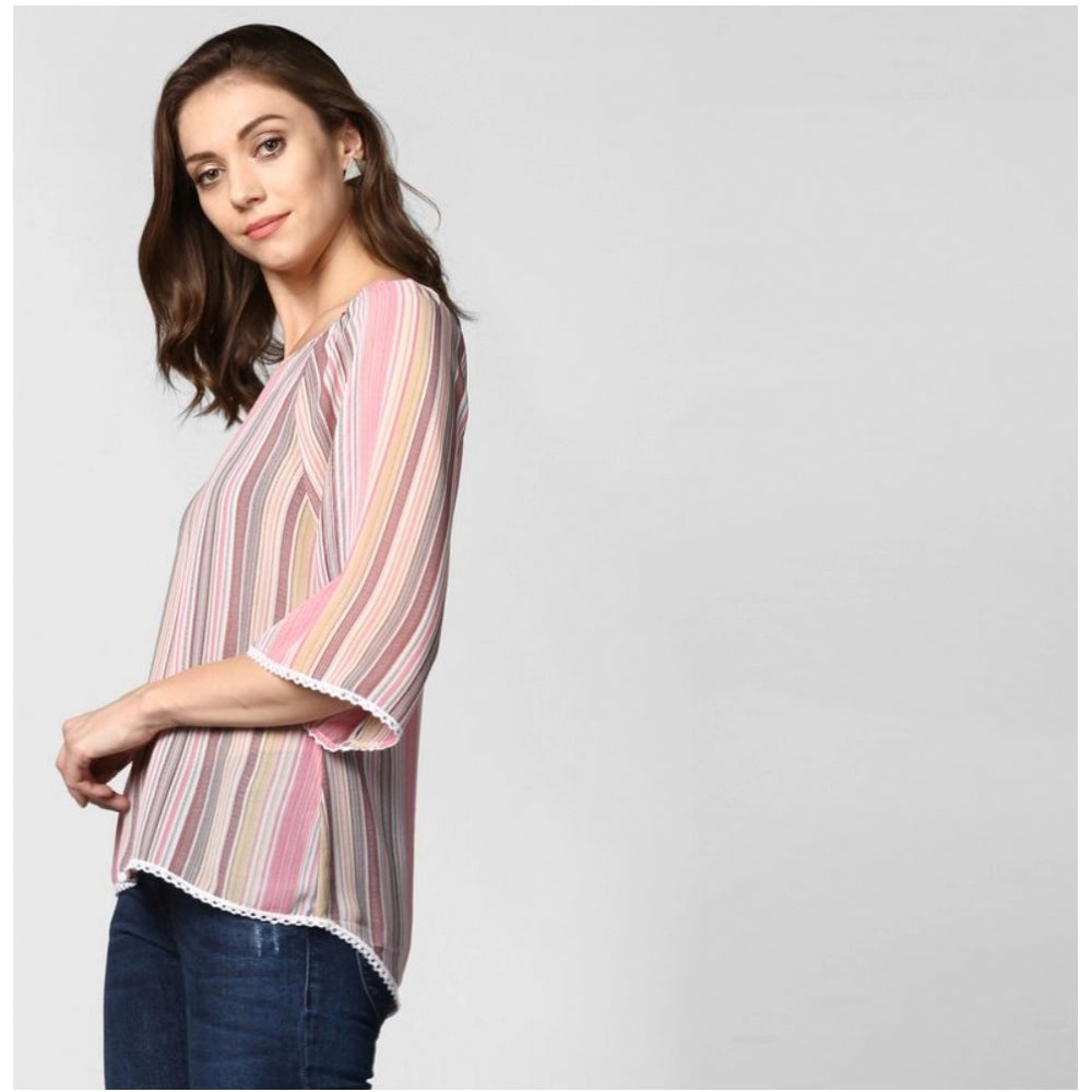 PKRKART Women's Polyester Striped 3-4th Sleeves Top (Pink)