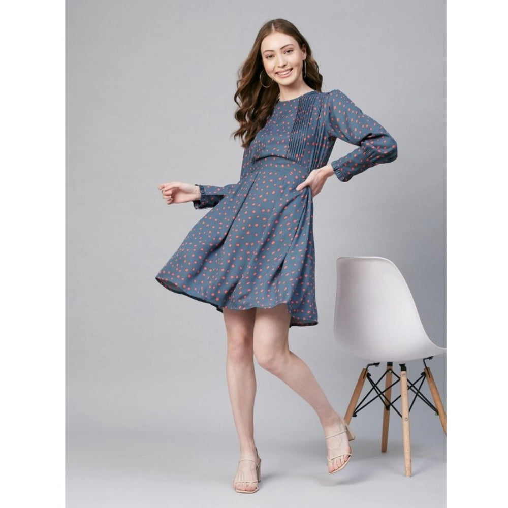 PKRKART Women's Polyester Polka Long Sleeves Above Knee Dress (Grey - Coral)