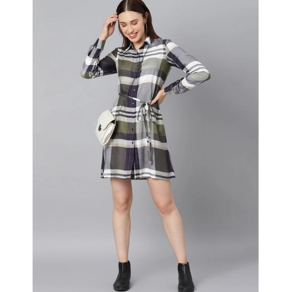 PKRKART Women's Cotton Checkered Long Sleeves Above Knee Dress (Olive - White)