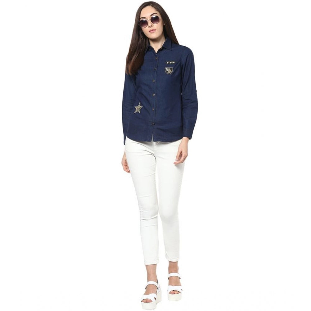 PKRKART Women's Denim Patch Work Long Sleeves Standard Length Shirt (Blue)