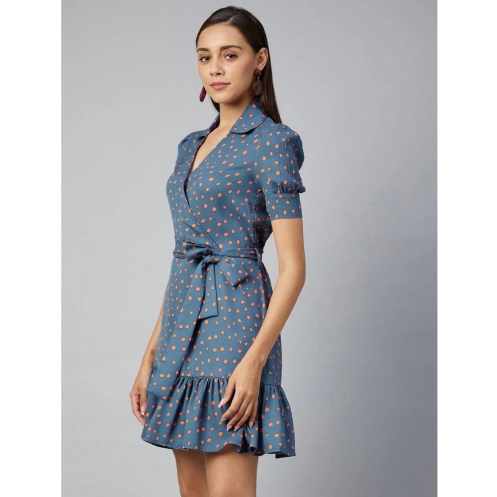 PKRKART Women's Polyester Polka Short Sleeve Above Knee Dress (Grey - Coral)