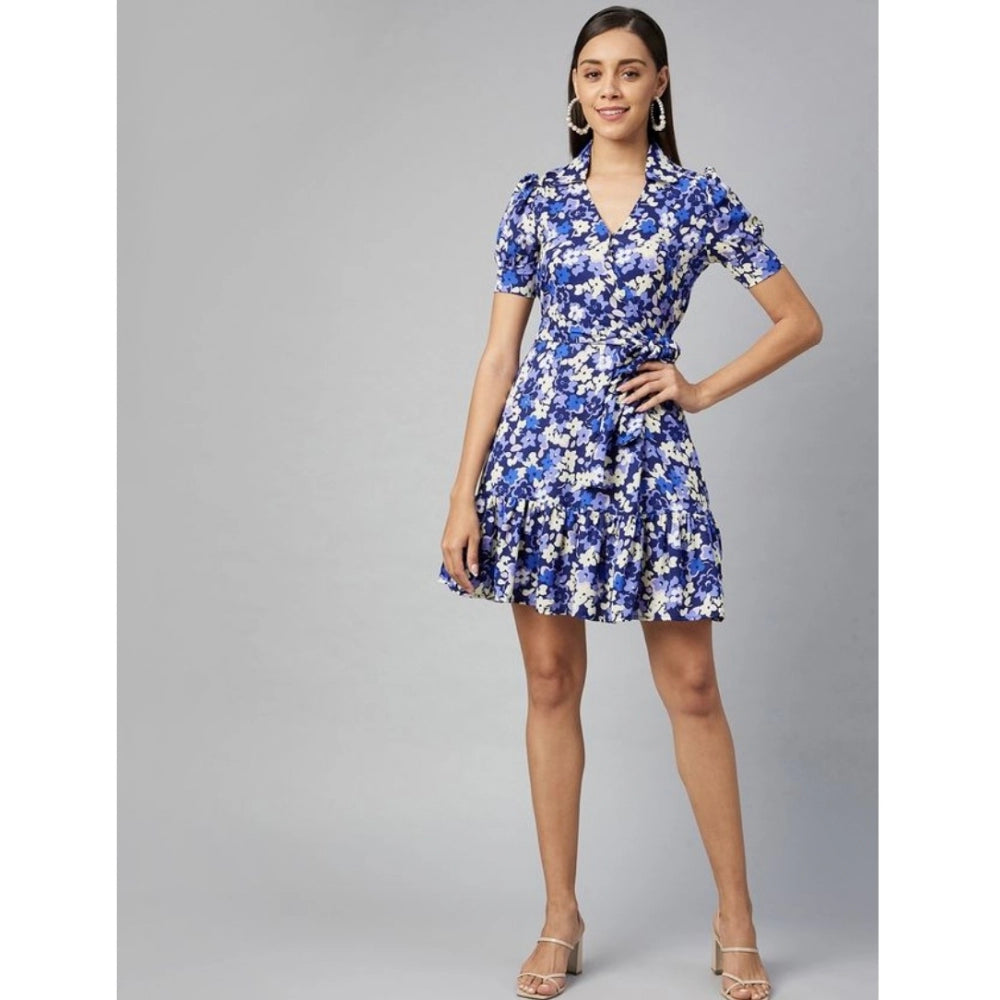 PKRKART Women's Polyester Floral Short Sleeve Above Knee Dress (Blue - Purple)