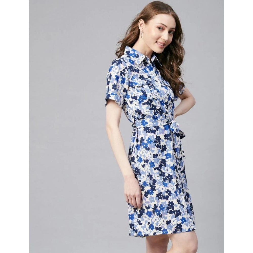 PKRKART Women's Polyester Floral Short Sleeve Above Knee Dress (Blue - White)