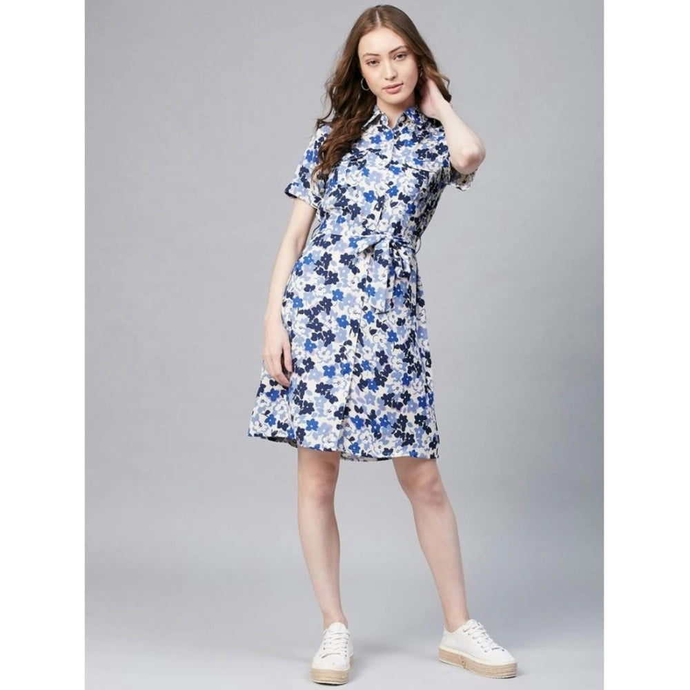 PKRKART Women's Polyester Floral Short Sleeve Above Knee Dress (Blue - White)