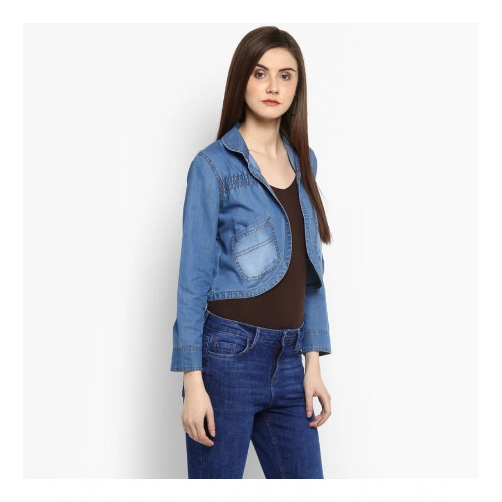 PKRKART Women's Denim Smocking 3-4th Sleeves Shrug (Blue)