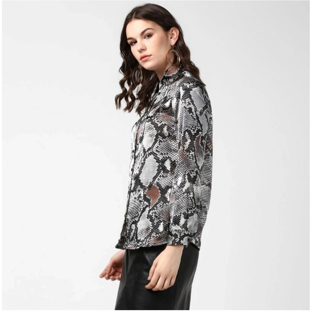PKRKART Women's Satin Animal Print Long Sleeves Standard Length Shirt (Black - Grey)