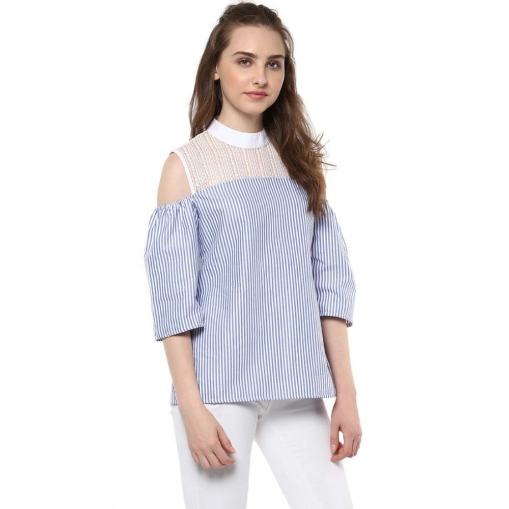 PKRKART Women's Cotton Striped Cold Shoulder Top (Blue)