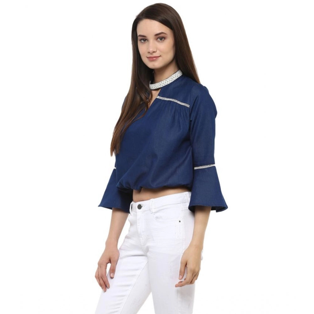 PKRKART Women's Polyester Solid Bell Sleeve Regular Top (Blue)