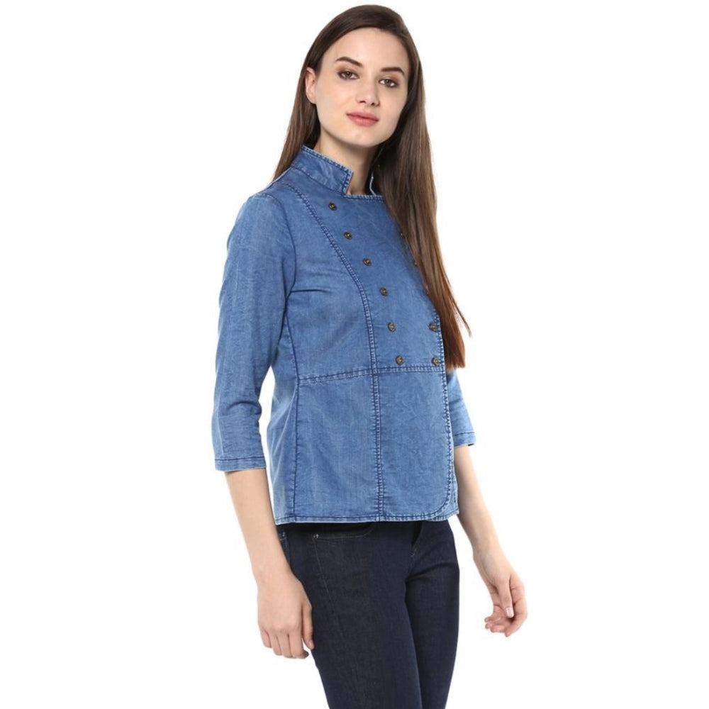 PKRKART Women's Denim Solid 3-4th Sleeves Regular Top (Blue)