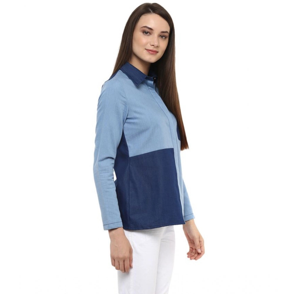 PKRKART Women's Denim Patch Work Long Sleeves Regular Top (Blue)