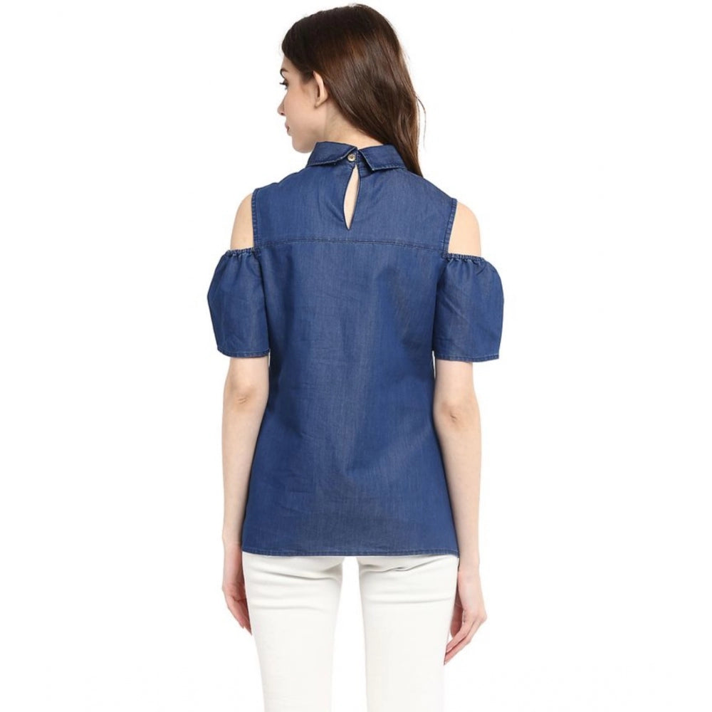 PKRKART Women's Denim Solid Cold Shoulder Regular Top (Blue)