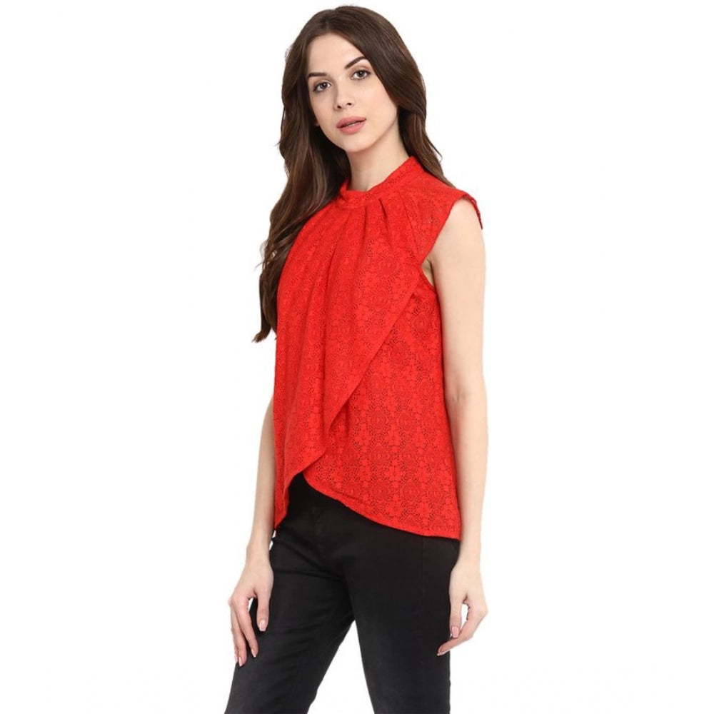 PKRKART Women's Cotton Lace Embellished Cap Sleeve Regular Top (Red)