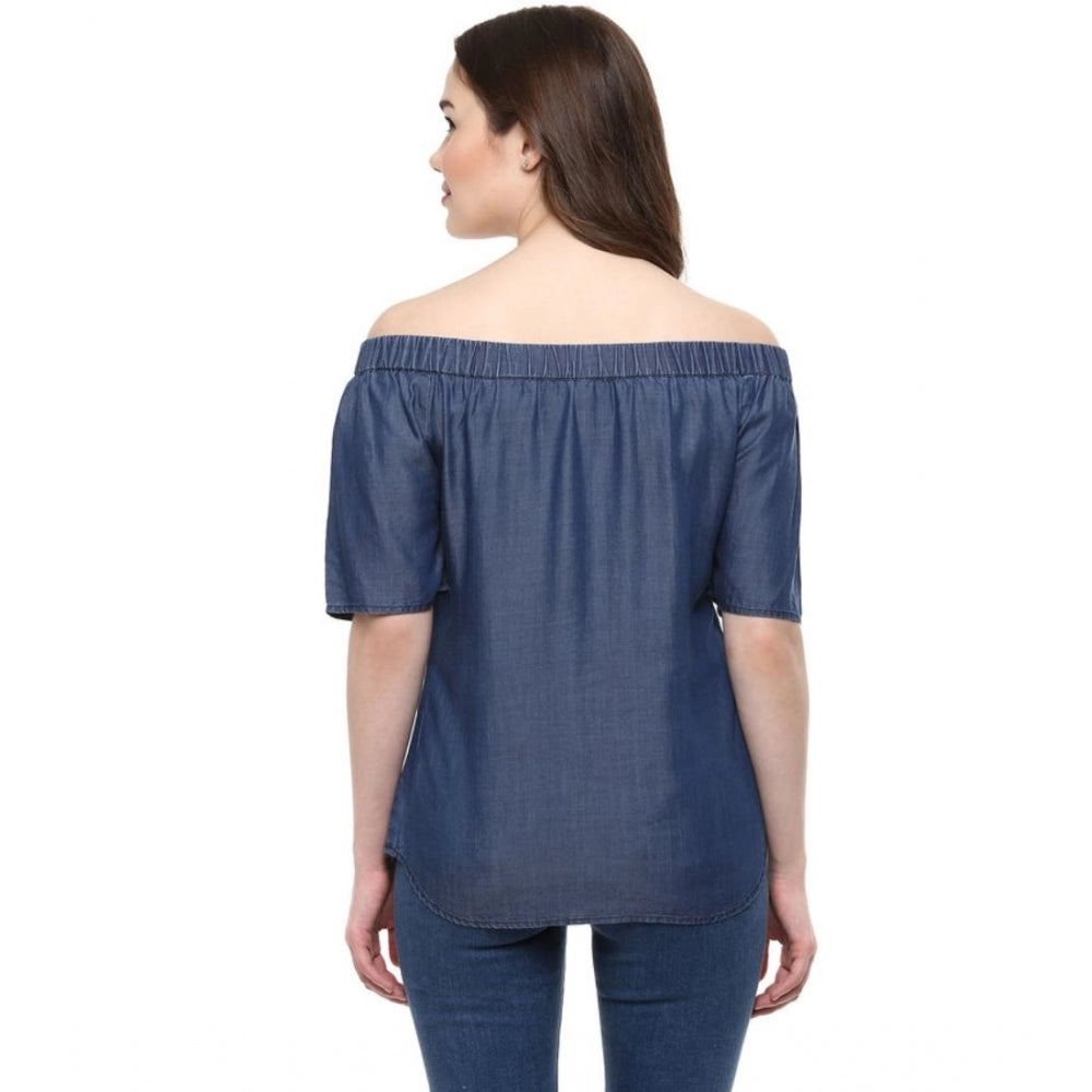 PKRKART Women's Denim Solid Short Sleeve Regular Top (Blue)