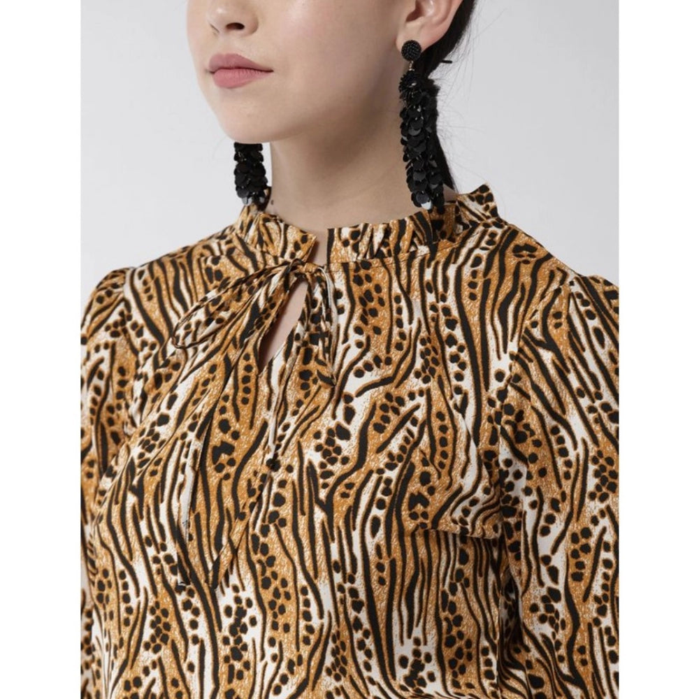 PKRKART Women's Polyester Printed Bell Sleeve Top (Orange - Black)