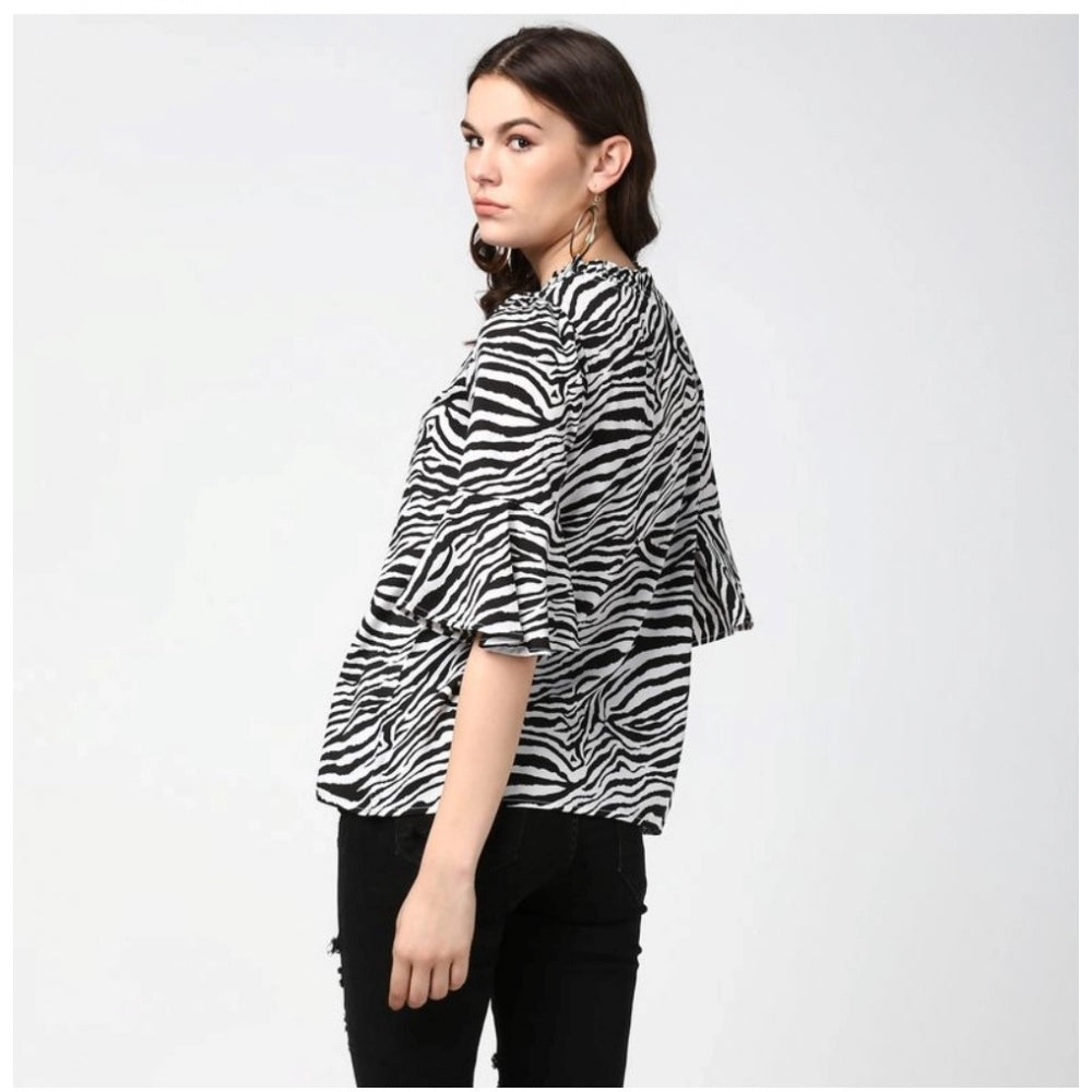 PKRKART Women's Polyester Animal Print Bell Sleeve Top (Black - White)