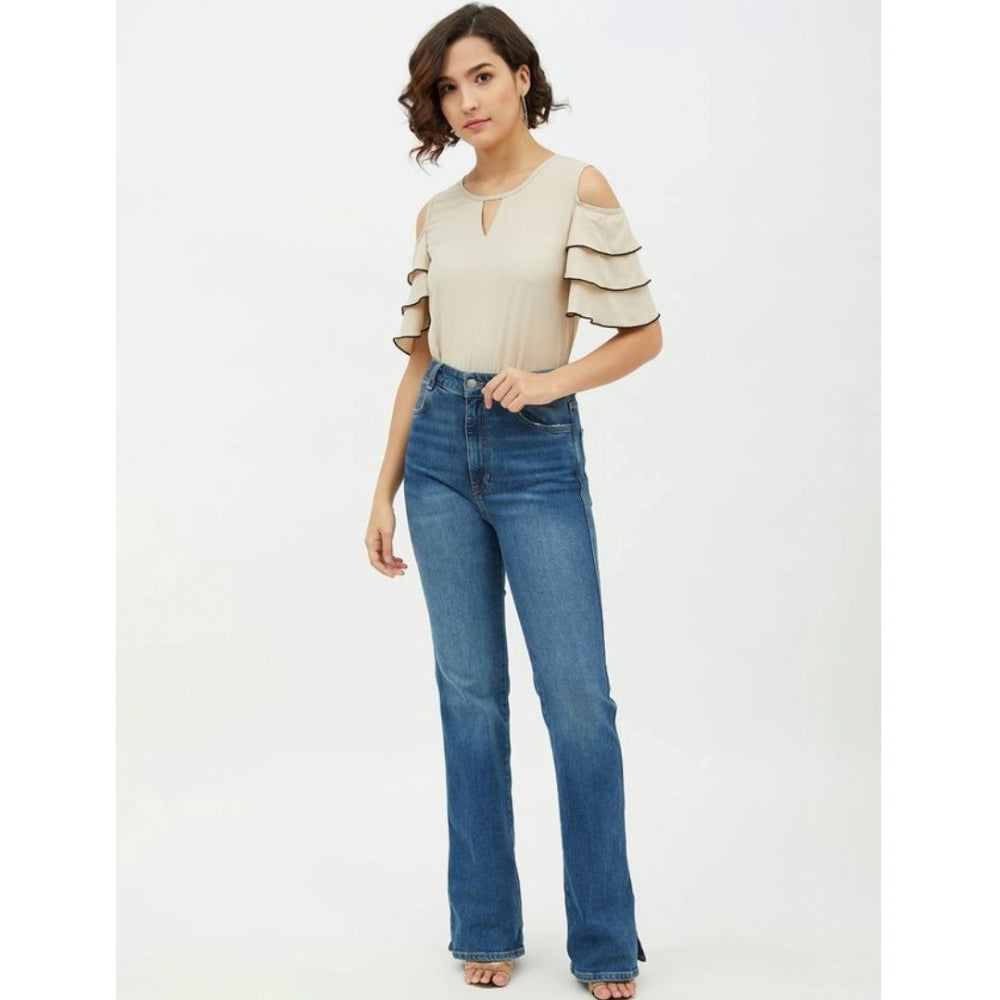 PKRKART Women's Polyester Tiered Cold Shoulder Top (Beige)