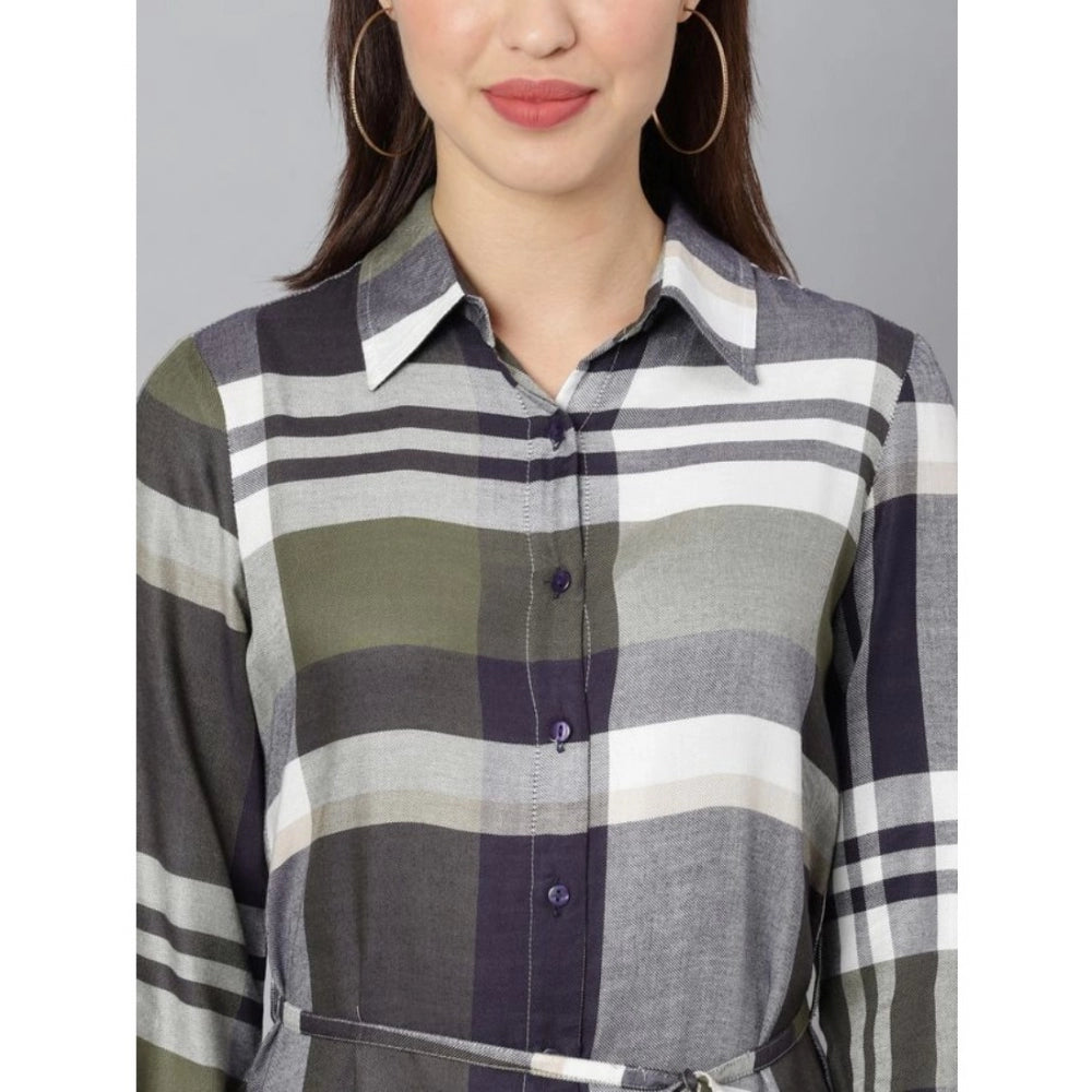 PKRKART Women's Cotton Checkered Long Sleeves Above Knee Dress (Olive - White)