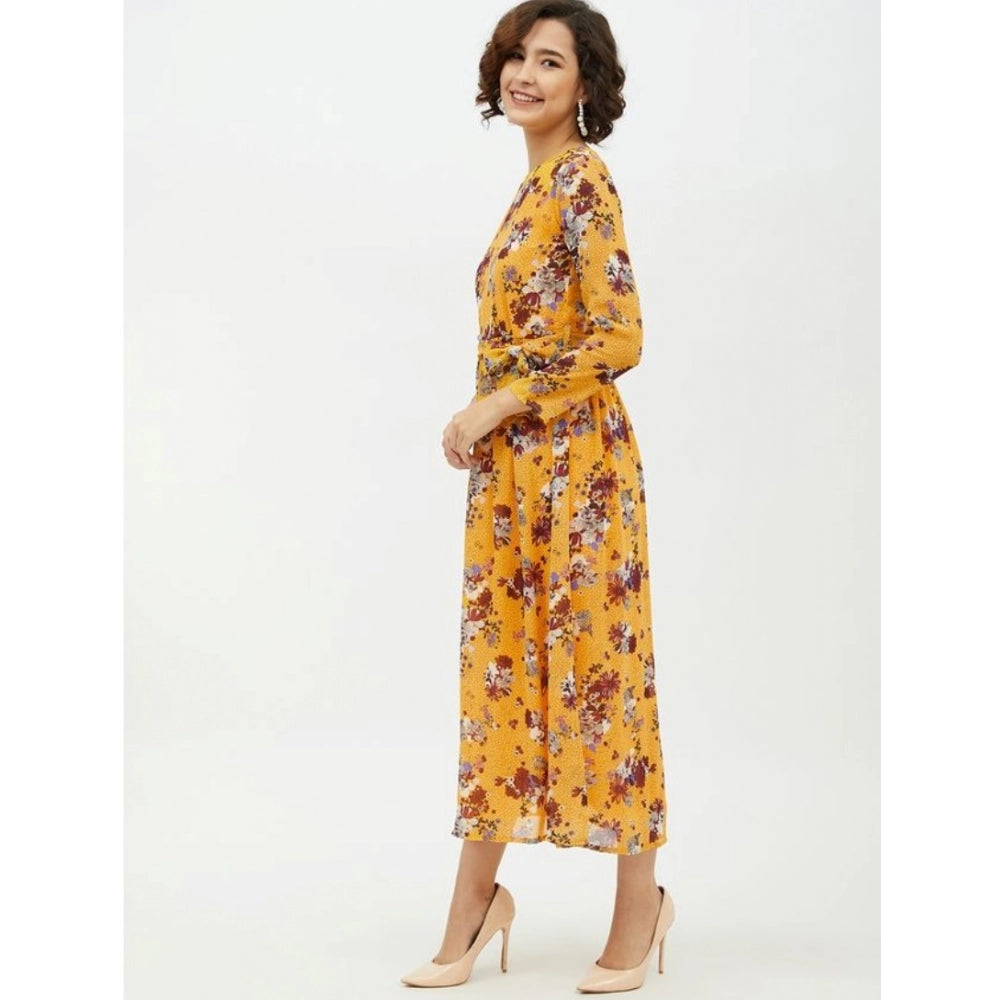 PKRKART Women's Polyester Floral Long Sleeves Calf-length Dress (Multicolor)