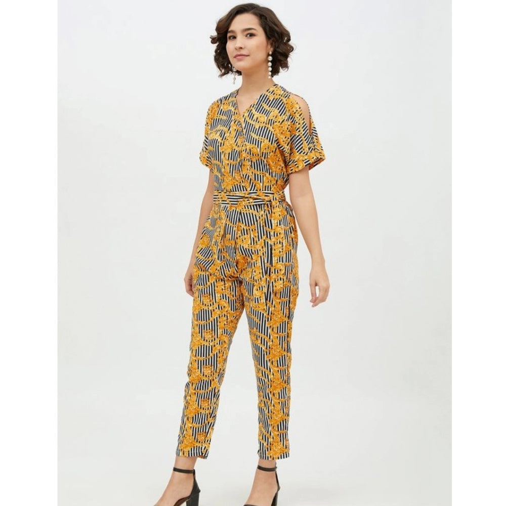 PKRKART Women's Polyester Printed Half Sleeve Long Jumpsuit (Yellow)