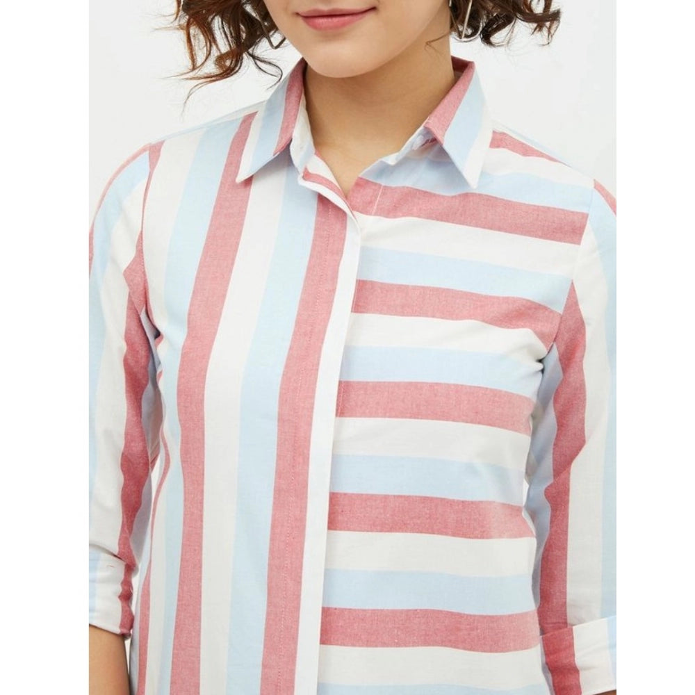 PKRKART Women's Cotton Striped Long Sleeves Standard Length Shirt (Pink)