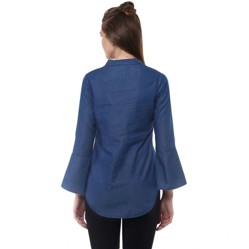 PKRKART Women's Denim Solid Bell Sleeve Regular Top (Blue Denim)