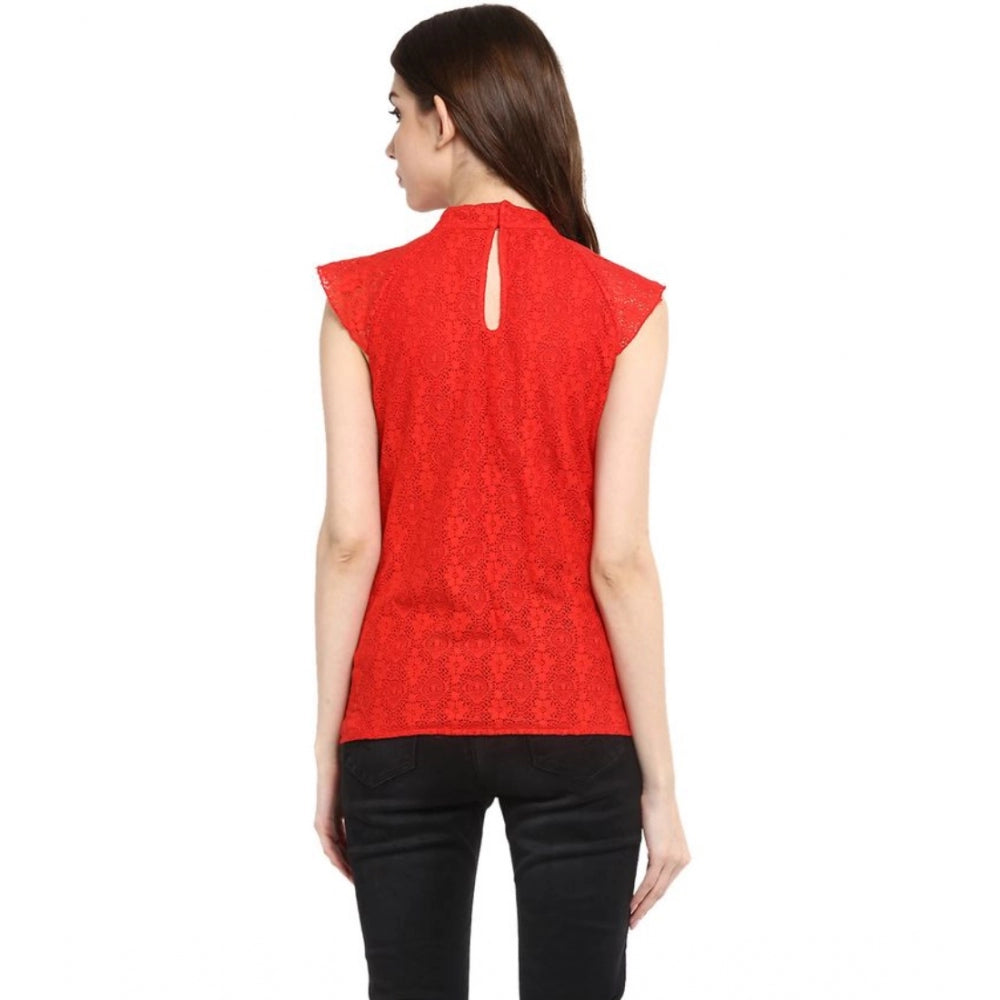 PKRKART Women's Cotton Lace Embellished Cap Sleeve Regular Top (Red)