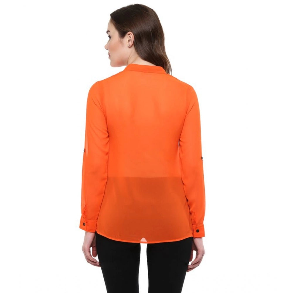 PKRKART Women's Polyester Solid Long Sleeves Regular Top (Orange)