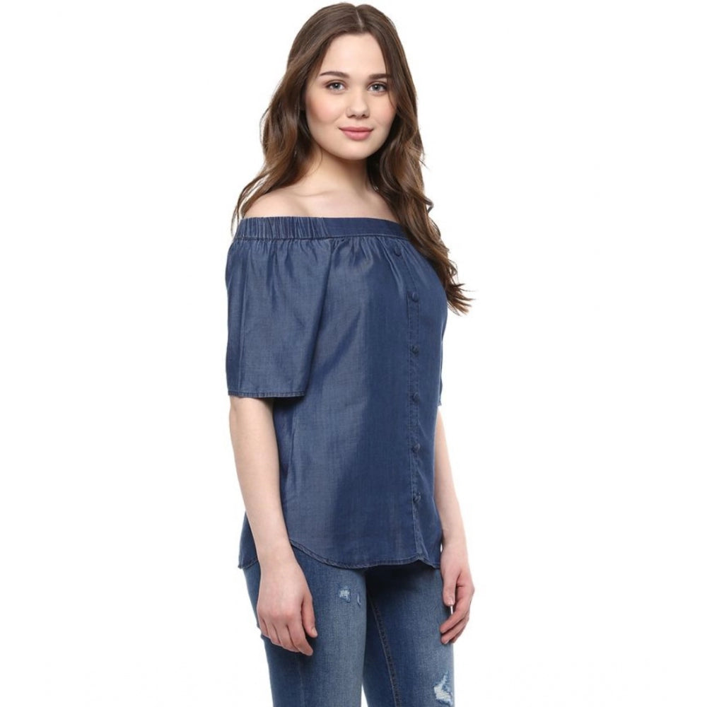 PKRKART Women's Denim Solid Short Sleeve Regular Top (Blue)