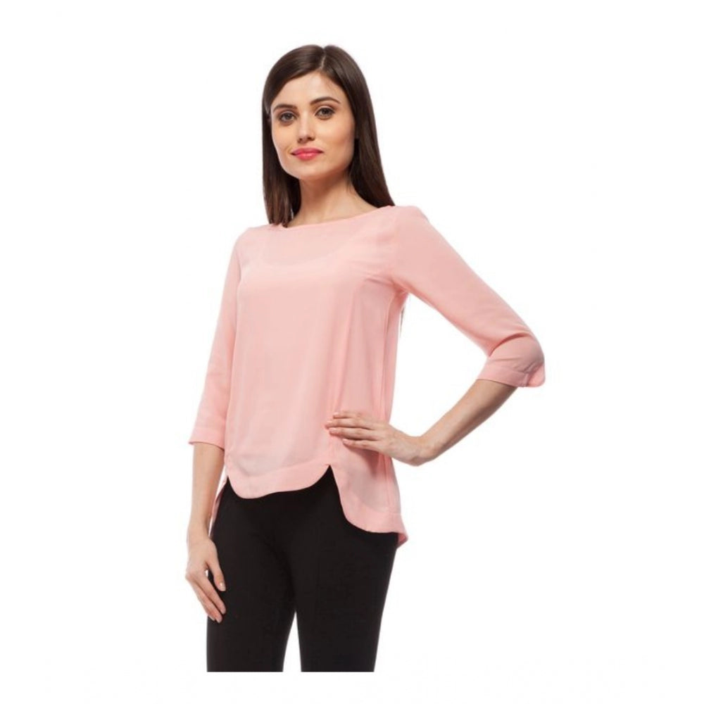 PKRKART Women's Polyester Solid 3-4th Sleeves Regular Top (Peach)