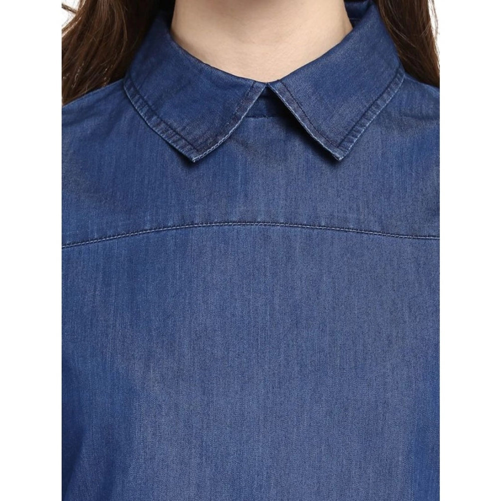 PKRKART Women's Denim Solid Cold Shoulder Regular Top (Blue)