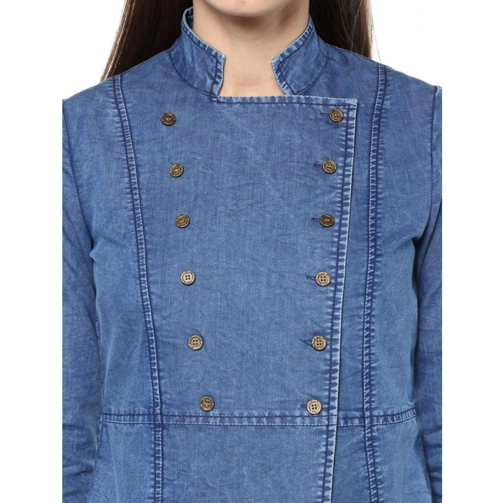 PKRKART Women's Denim Solid 3-4th Sleeves Regular Top (Blue)