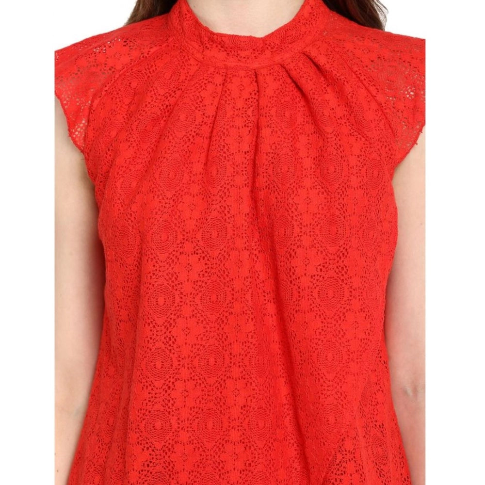 PKRKART Women's Cotton Lace Embellished Cap Sleeve Regular Top (Red)