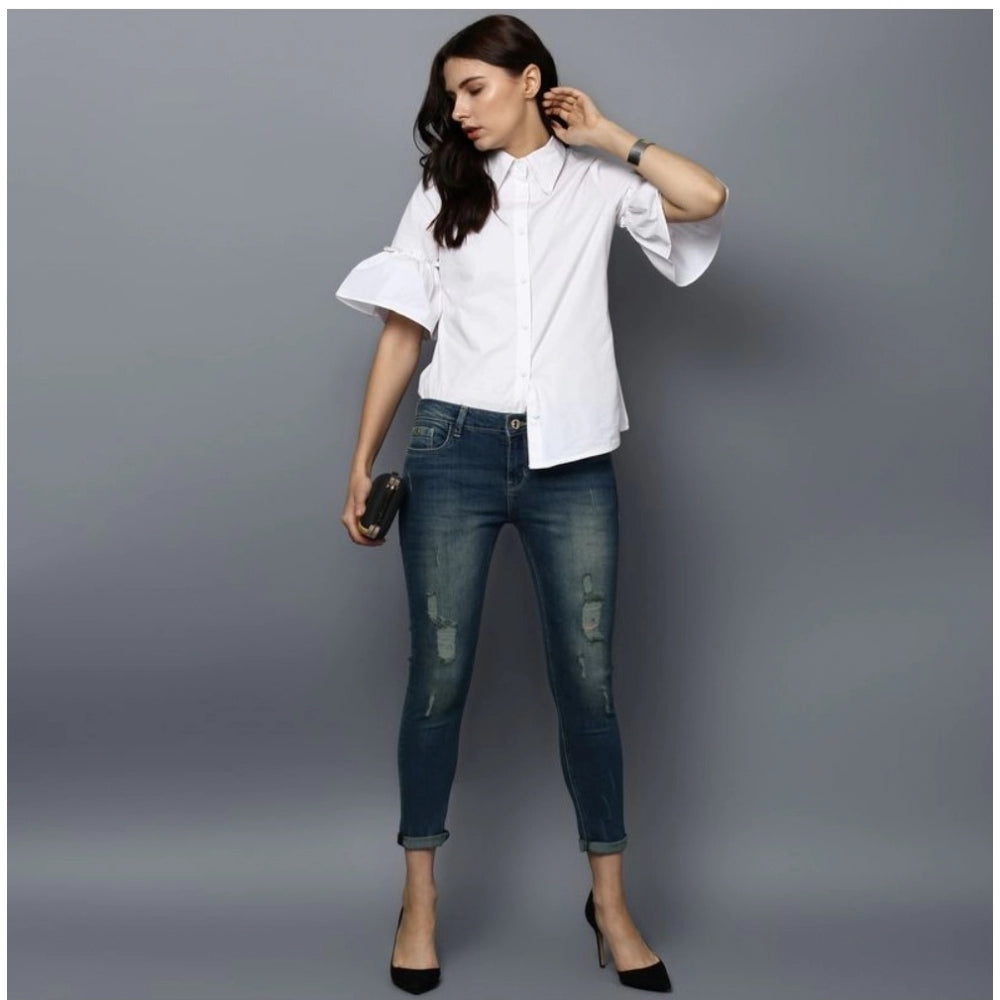PKRKART Women's Cotton Solid Bell Sleeve Top (White)