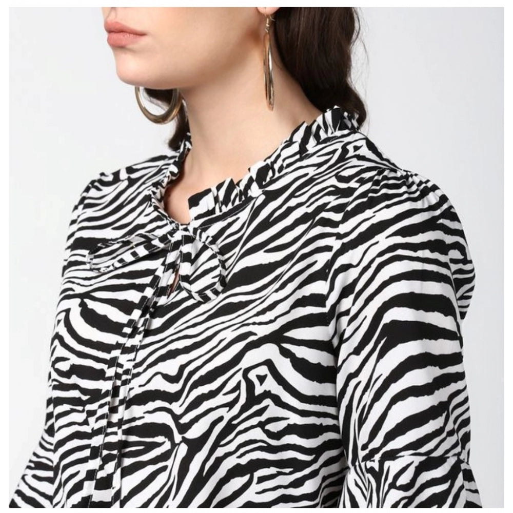 PKRKART Women's Polyester Animal Print Bell Sleeve Top (Black - White)