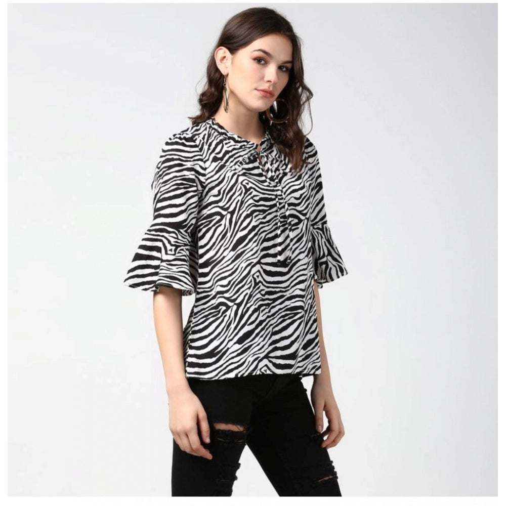 PKRKART Women's Polyester Animal Print Bell Sleeve Top (Black - White)