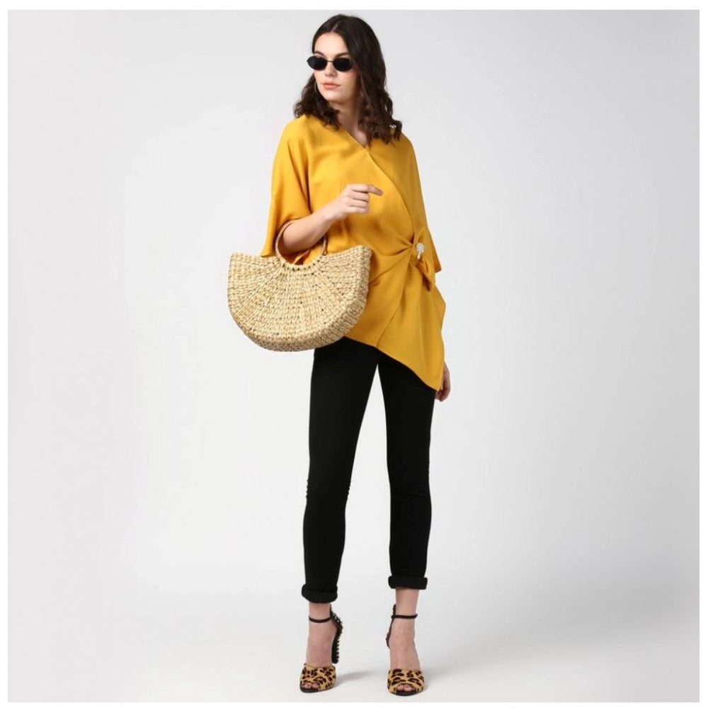 PKRKART Women's Polyester Solid Cape Sleeve Top (Yellow)