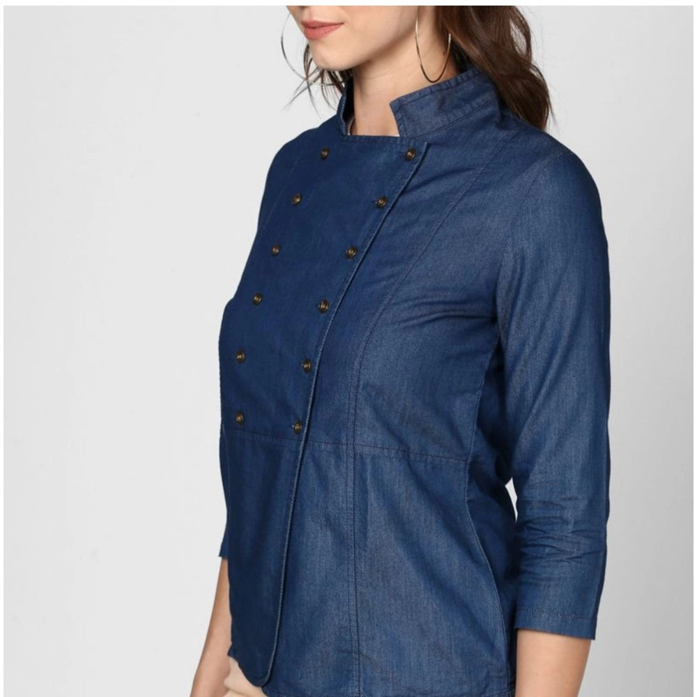 PKRKART Women's Denim Solid 3-4th Sleeves Top (Blue)