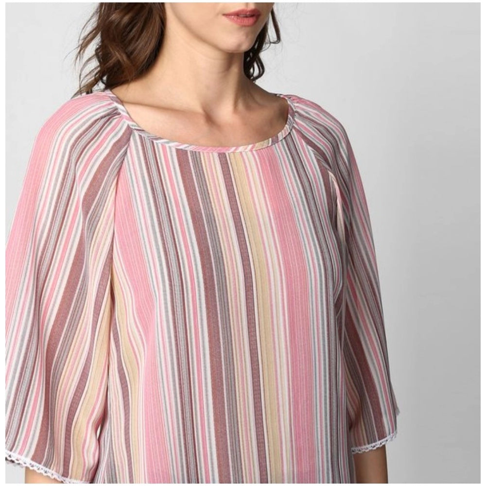 PKRKART Women's Polyester Striped 3-4th Sleeves Top (Pink)