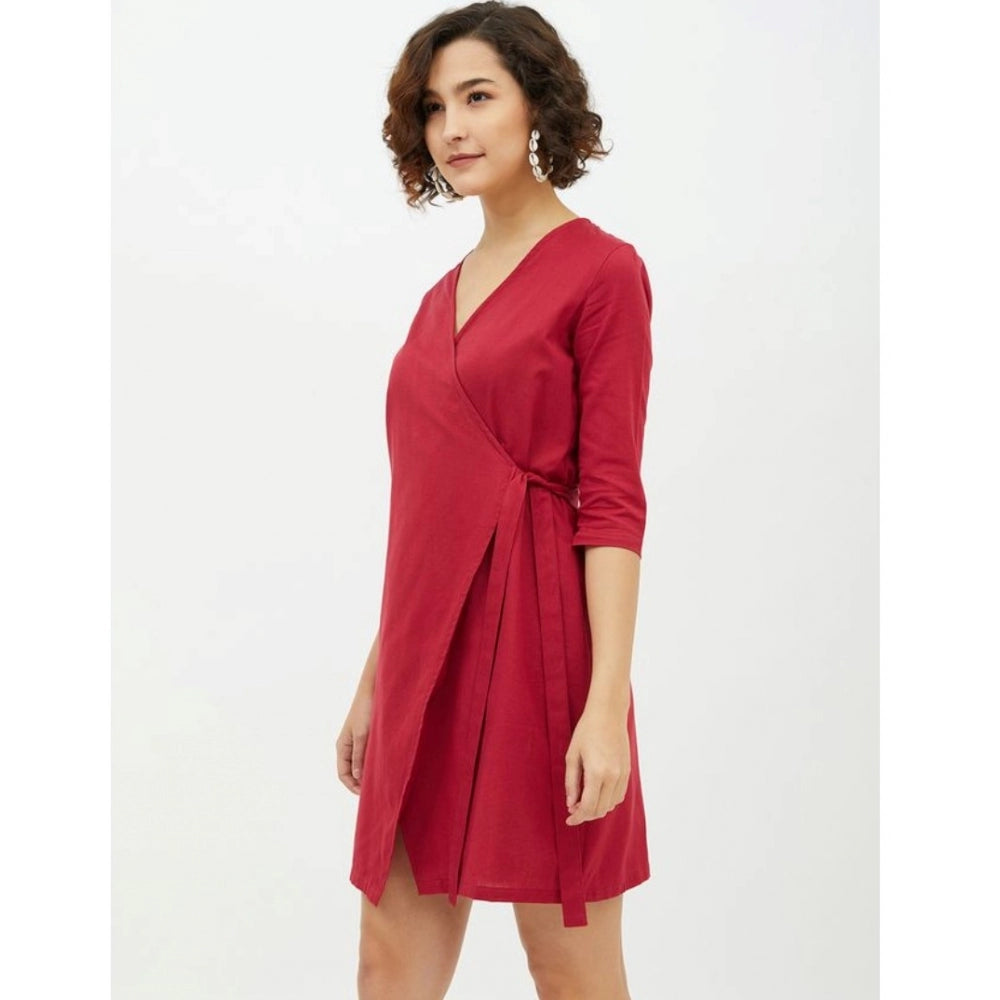 PKRKART Women's Cotton Wrap 3-4th Sleeves Above Knee Dress (Maroon)