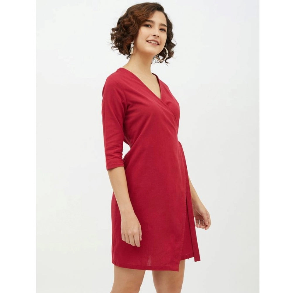 PKRKART Women's Cotton Wrap 3-4th Sleeves Above Knee Dress (Maroon)